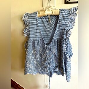 Zara TRF Collection Small Blue White Stripe Top with Delicate Lace Eyelet Detail